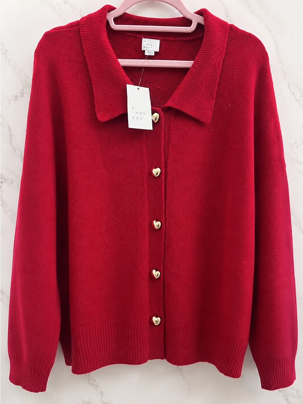 a new day Red Heart-Button Collared Cardigan